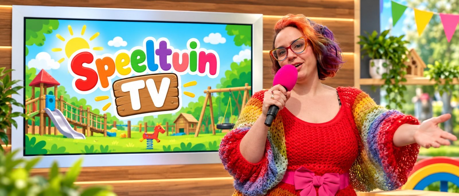 De presentatrice van Speeltuin TV met microfoon, voor een scherm met het logo Speeltuin TV en een tekening van de speeltuin.